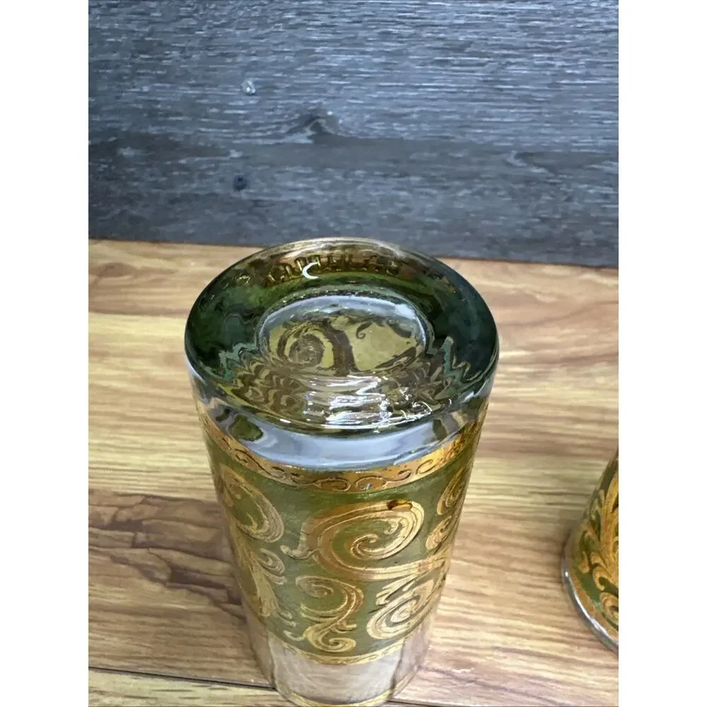 MCM Vintage Culver Toledo Green/22k Gold Highball Tumbler Glasses~4 Pc Set